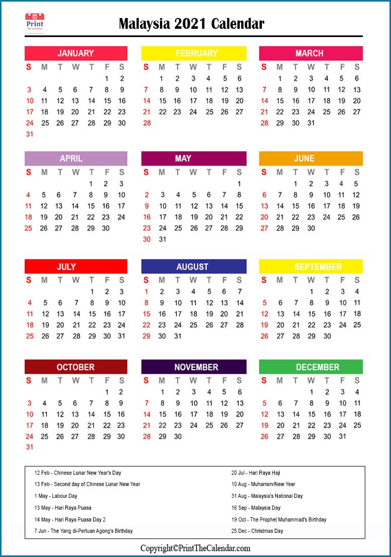 Malaysia Printable Calendar 2021
